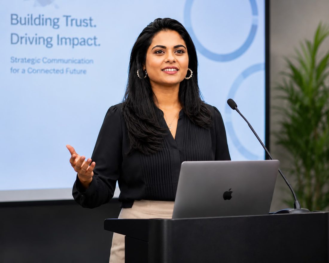 Shobnom Zarin Chetona presenting at a corporate communications briefing